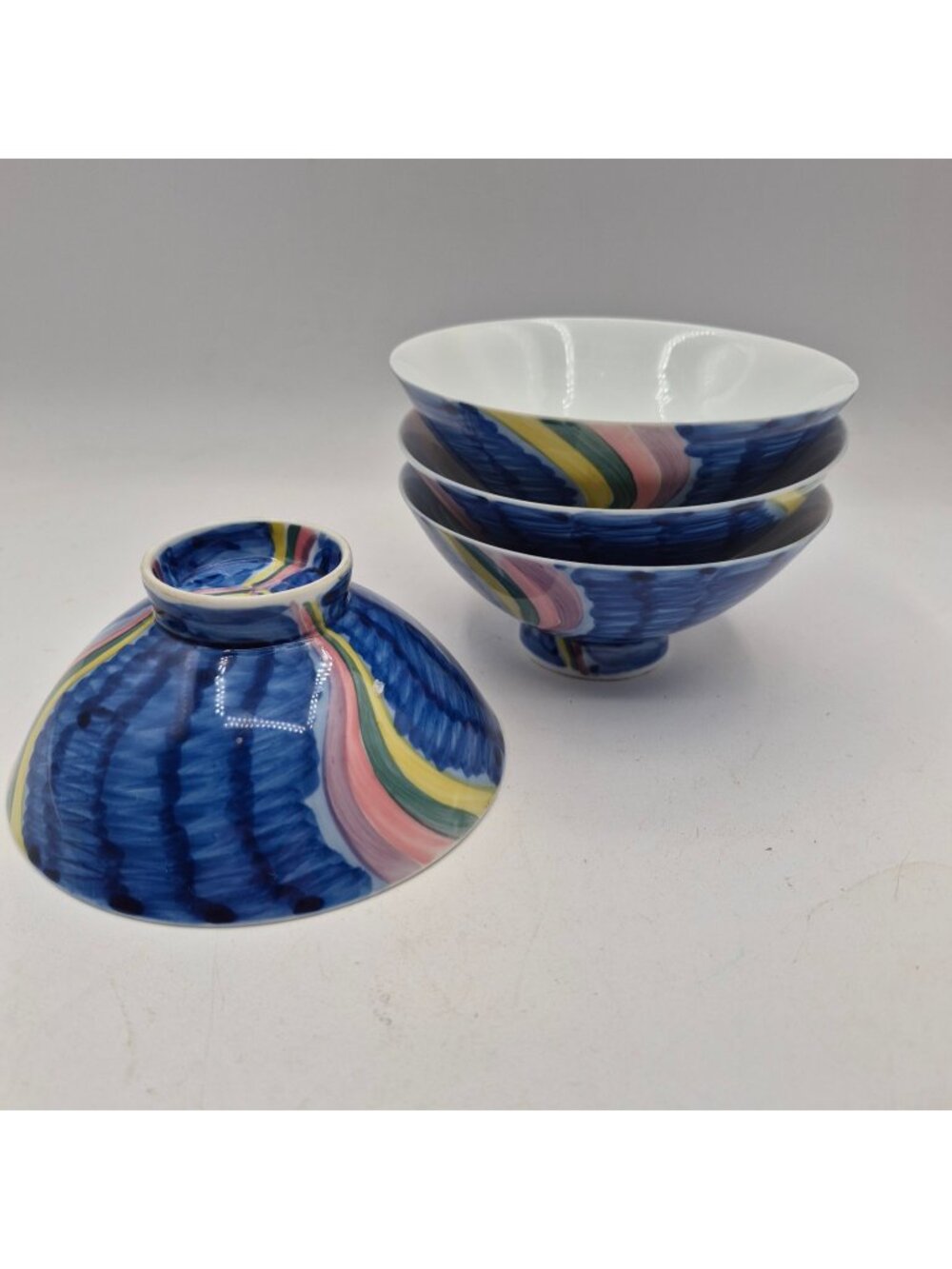 Lot of 4 Toyo Japan Ceramic Bowls Blue Wave Multicolor Stripe 4in Vintage